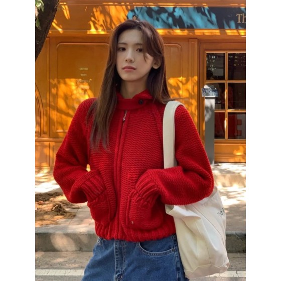 여성 캐주얼 레드 후드 자켓